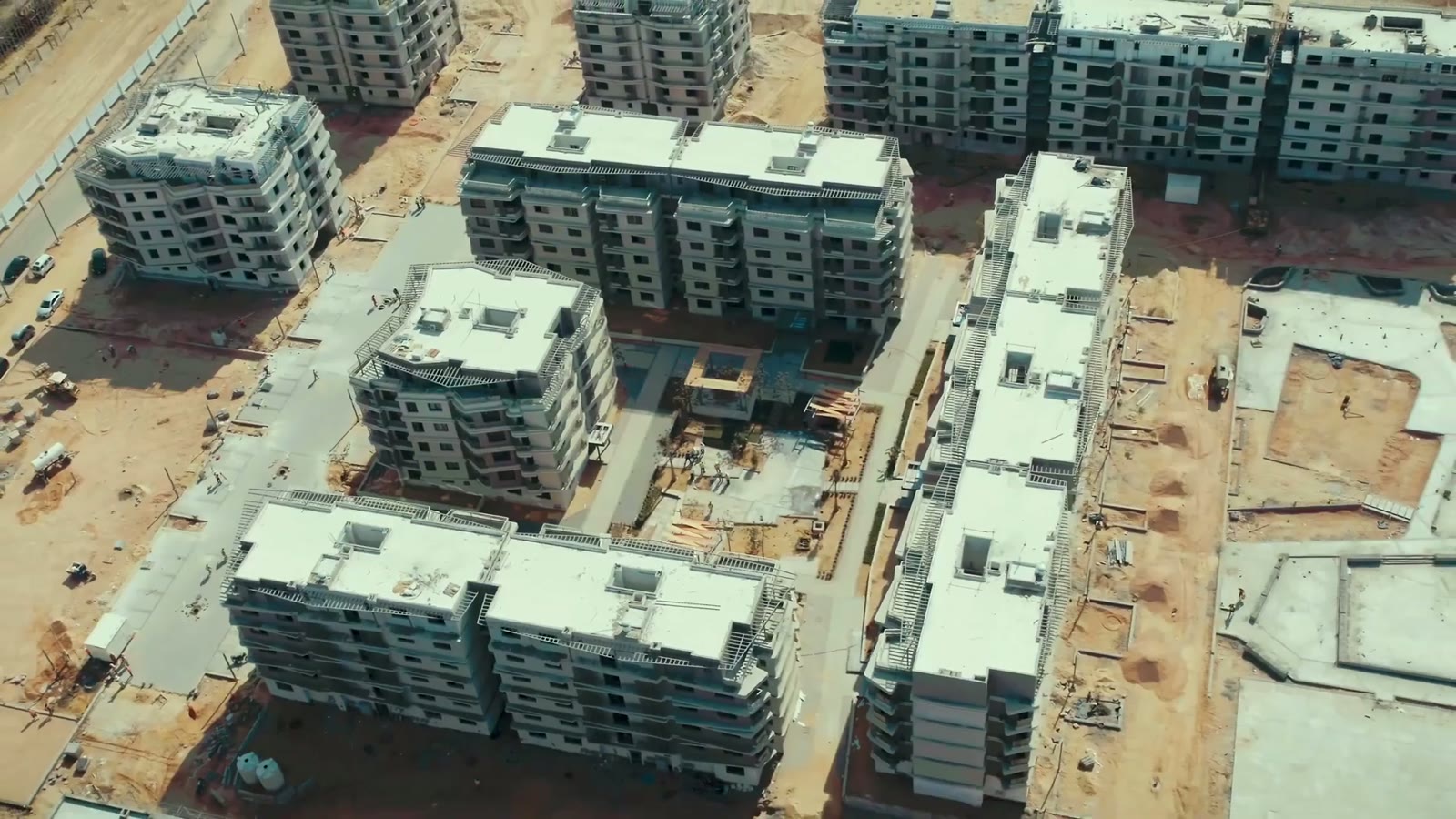 Top-down view of apartment buildings on site