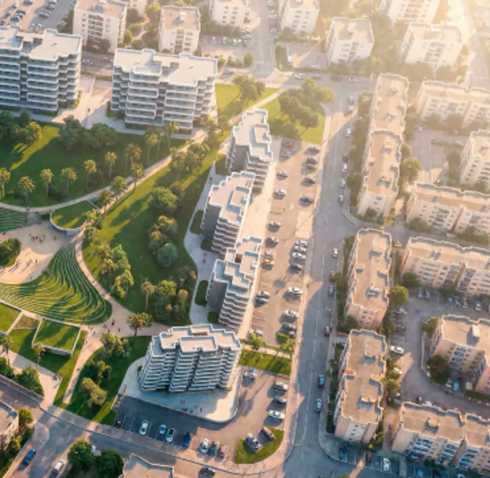 Park Views render: aerial of the park and buildings