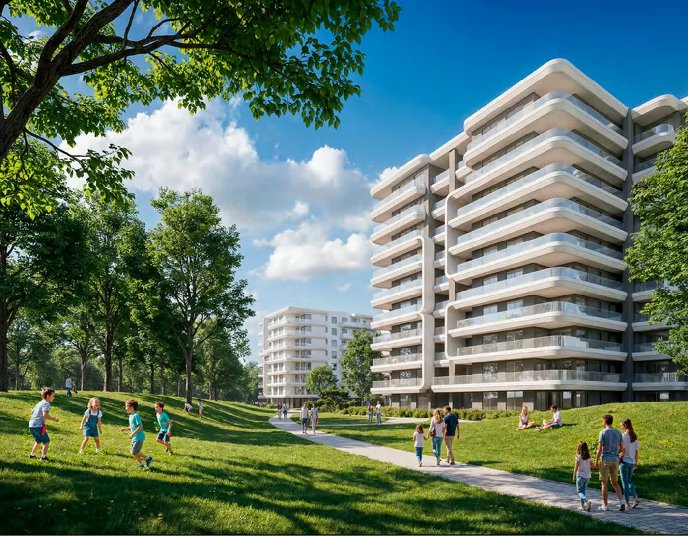Park Views official render: families in the park below the buildings